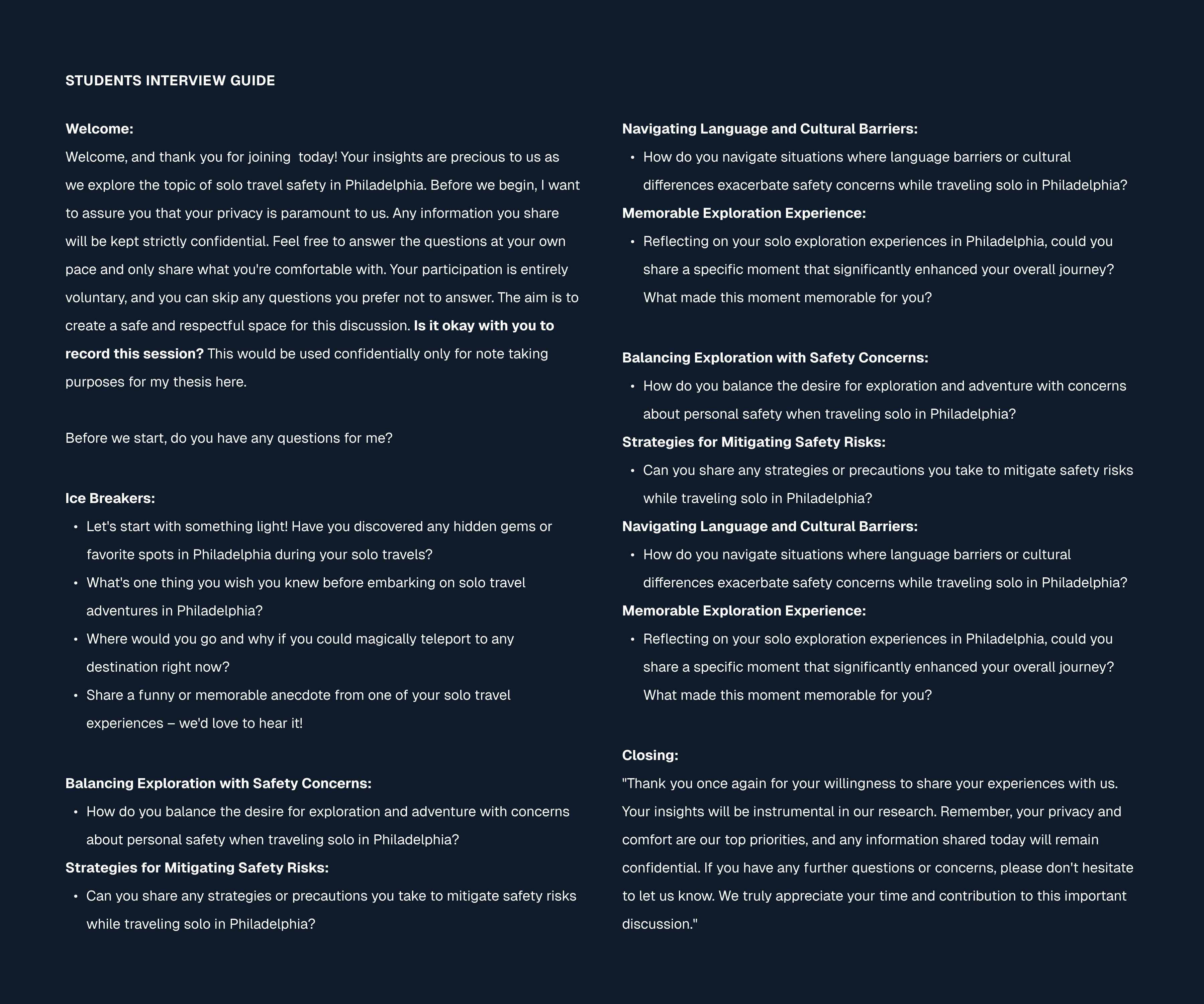 Interview guide — discussion guide used for student interviews